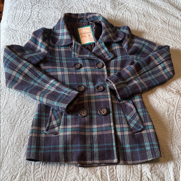 Aeropostale Blue and Green Plaid Pea Coat Wool blend - Picture 1 of 4